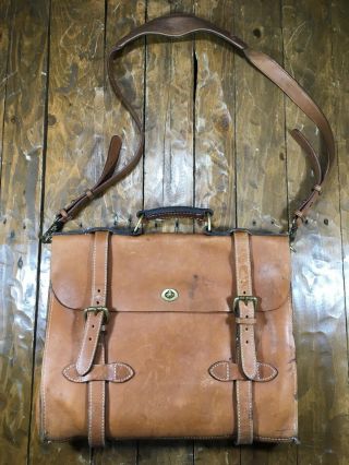 Vintage J.  Peterman Company Belting Tan Brown Leather Briefcase Attache Bag Usa