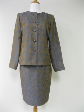 Vintage Yves Saint Laurent Ysl Gold Blue Silk Skirt Suit Blazer Jacket Sz 40 Euc
