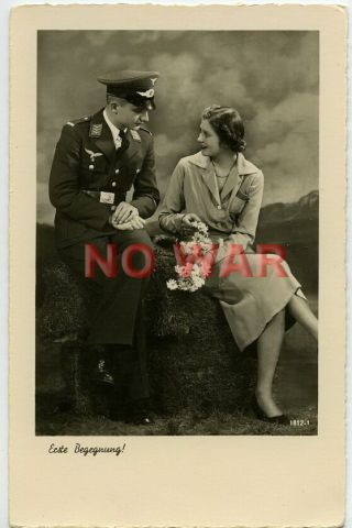 Wwii Post Card Photo The Date Of Luftwaffe Young Soldier & Beauty Young Lady -