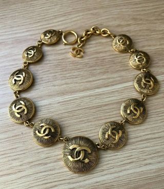 Authentic Vintage Chanel Cc Coin Gold Tone Necklace Jewelry