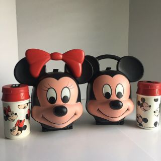 Disney Aladdin Mickey Mouse Minnie Mouse Face Lunch Box Vintage Set With Thermos