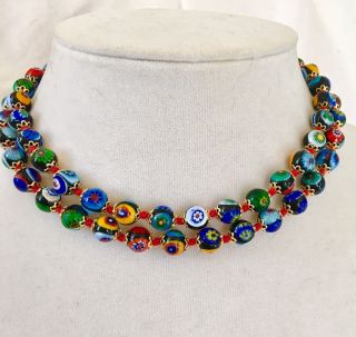 Art Deco Millefiori Bead Necklace Hand Strung & Knotted Long String