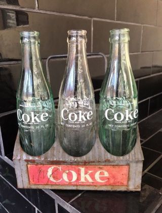 Coke Coca - Cola Vintage Tin Metal Australian Carrier With 3 Bottles