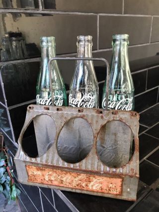 Coke Coca - Cola Vintage Tin Metal Australian Carrier with 3 Bottles 3