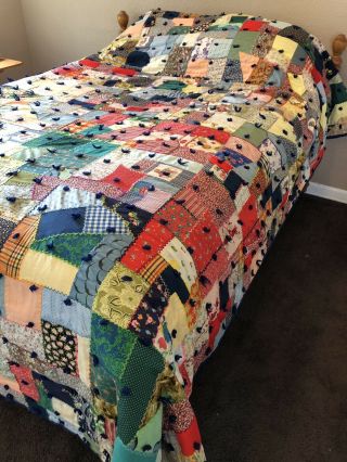 Vintage Queen Size Handmade Crazy Quilt Multi - Colored Patchwork 99”x78”