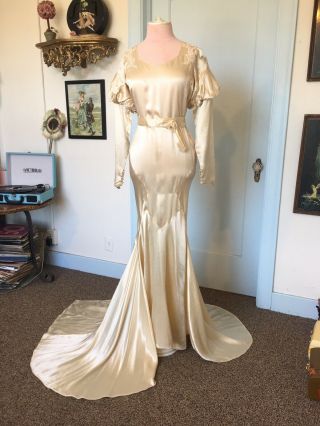 Vintage 1930s Liquid Satin Wedding Dress With Train