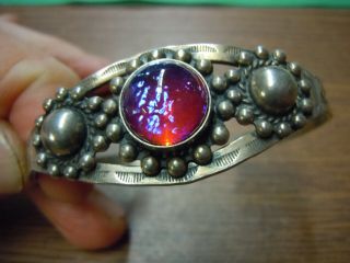 Antique Sterling Silver Unique Southwest Opal Glass 20 Gram Ornate Cuff Bracelet