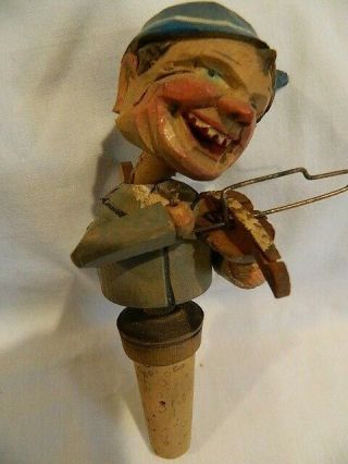 Vintage Hand Carved Wood Mechanical Man Playing Violin Bottle Stopper Ex