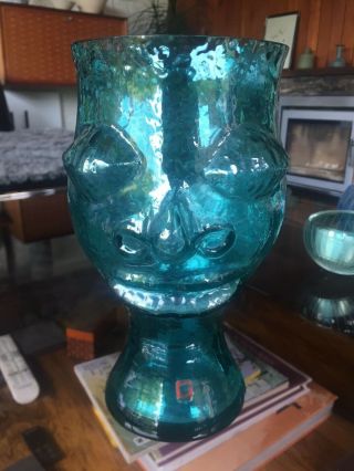 Vintage Dartington Glass Frank Thrower " Ugly " Head Vase Ft52 In Blue With Label