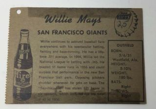 VINTAGE 1958 WILLIE MAYS SAN FRANCISCO GIANTS HIRES ROOT BEER TEST BASEBALL CARD 8