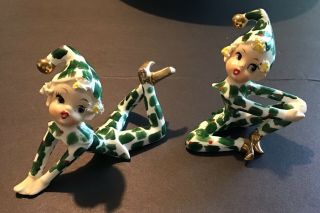 Vintage Lefton Christmas Holly Pixie Elves Girls Ceramic Figurines