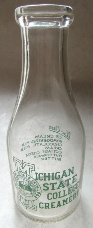 Vintage Michigan State College Creamery 1 - Quart Clear Glass Milk Bottle