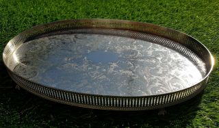 Large 17 " Oval Vintage Silver Plate On Copper Drinks Chased Gallery Serving Tray