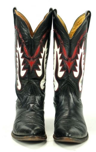 Nocona Women ' s Black Leather Cowboy Boots Red Inlays Vintage US Made Boho 7 B 2