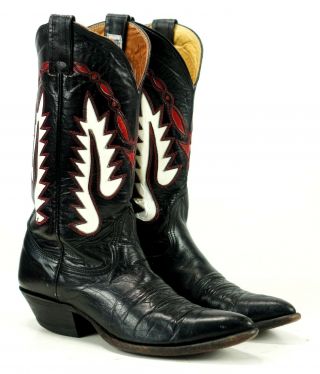 Nocona Women ' s Black Leather Cowboy Boots Red Inlays Vintage US Made Boho 7 B 3