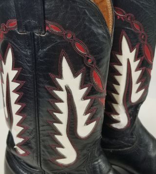 Nocona Women ' s Black Leather Cowboy Boots Red Inlays Vintage US Made Boho 7 B 4