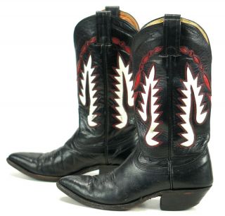 Nocona Women ' s Black Leather Cowboy Boots Red Inlays Vintage US Made Boho 7 B 5