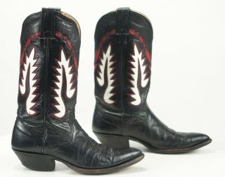 Nocona Women ' s Black Leather Cowboy Boots Red Inlays Vintage US Made Boho 7 B 6