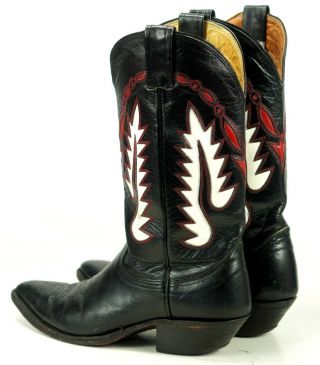 Nocona Women ' s Black Leather Cowboy Boots Red Inlays Vintage US Made Boho 7 B 8
