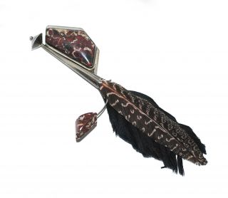 Modernist Navajo Sterling Stone Feather Vtg Statement Brooch Pin Mixed Media