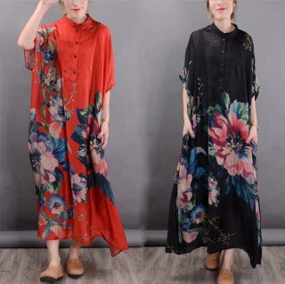 Chic Vintage 100 Silk Loose Caftan Fit Maxi Lagenlook Women Long Dress Oversize