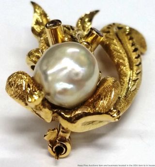 18K Gold Diamond Eye Cultured Pearl Finely Crafted Vintage Fox Squirrel Brooch 2