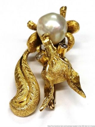 18K Gold Diamond Eye Cultured Pearl Finely Crafted Vintage Fox Squirrel Brooch 5