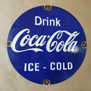 Drink Coca Cola Ice Cold Vintage Porcelain Sign 14 Inches Round