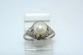 Deco Vintage 14k White Gold Filigree Pearl Ring