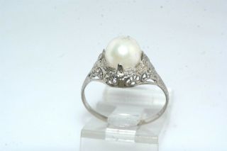 Deco Vintage 14k White Gold Filigree Pearl Ring 2
