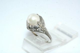 Deco Vintage 14k White Gold Filigree Pearl Ring 3