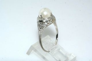 Deco Vintage 14k White Gold Filigree Pearl Ring 4