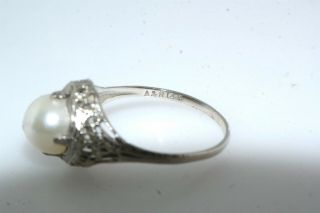 Deco Vintage 14k White Gold Filigree Pearl Ring 8