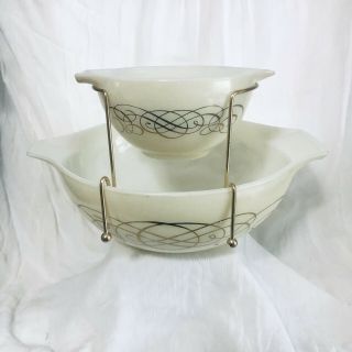 Vintage Pyrex Golden Scroll Promotional Chip And Dip Bowls With Bracket 1960’s 3