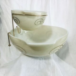 Vintage Pyrex Golden Scroll Promotional Chip And Dip Bowls With Bracket 1960’s 4