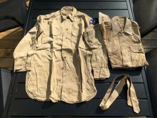 2 WW2 US Army Air Corps Khaki Service Shirts & Tie,  VG Size 14 1/2 x32 4