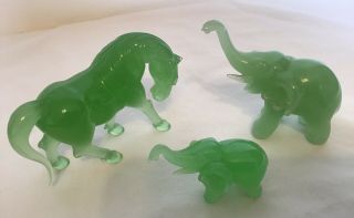 Vintage Chinese Peking Jade Jadeite Green Art Glass Elephants & Horse Figurine