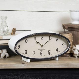 Vintage Inspired White Oval Table Clock Metal With Black Trim Distressed