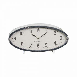 Vintage Inspired White Oval Table Clock Metal with Black Trim Distressed 2