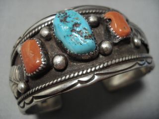 Museum Vintage Navajo Chunky Coral Turquoise Sterling Silver Leaf Bracelet