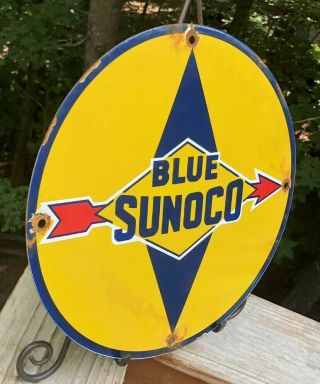 VINTAGE SUNOCO BLUE GASOLINE SIGN PORCELAIN GAS PUMP PLATE SERVICE STATION RUST 2