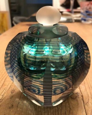 Vintage Kit Karbler Michael David Art Glass Perfume Bottle Green Blue Abstract