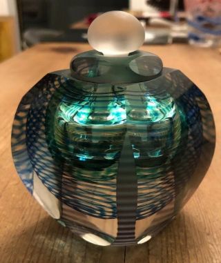 Vintage Kit Karbler Michael David Art Glass Perfume Bottle Green Blue Abstract 2