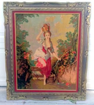 Vintage French Completed Paris Needlepoint Tapestry Carved Wood Picture Frame