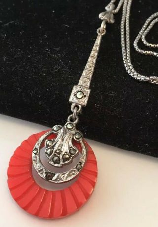 Vintage Jewellery Art Deco Sterling Silver And Coral Coloured Galilath Pendant