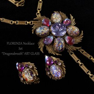 Florenza Lariat Necklace Earrings Set " Dragons Breath " Art Glass Purple Pink