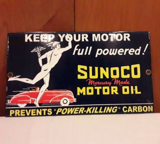 Vintage Porcelain Sunoco Oil Sign Mercury Made Sun Oil Company Gas Pump Plate
