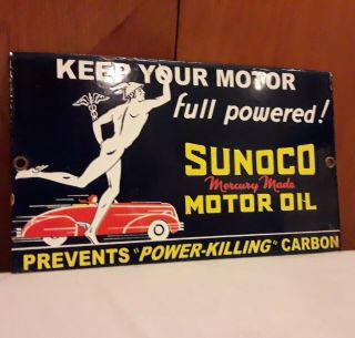 Vintage Porcelain Sunoco Oil Sign Mercury Made Sun Oil Company Gas Pump Plate 2