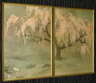 Mid - Century Dyptich Art Print Pair Framed Double Canvas Trees 24x36 Vintage