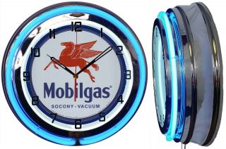 Mobil Gas Vintage Style 19 " Double Neon Clock Chrome Finish Red Or Blue Neon